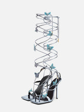 Metallic Blue Rhinestone Butterfly Herringbone Square Stiletto Heel Sandals Lace-Up Gladiators